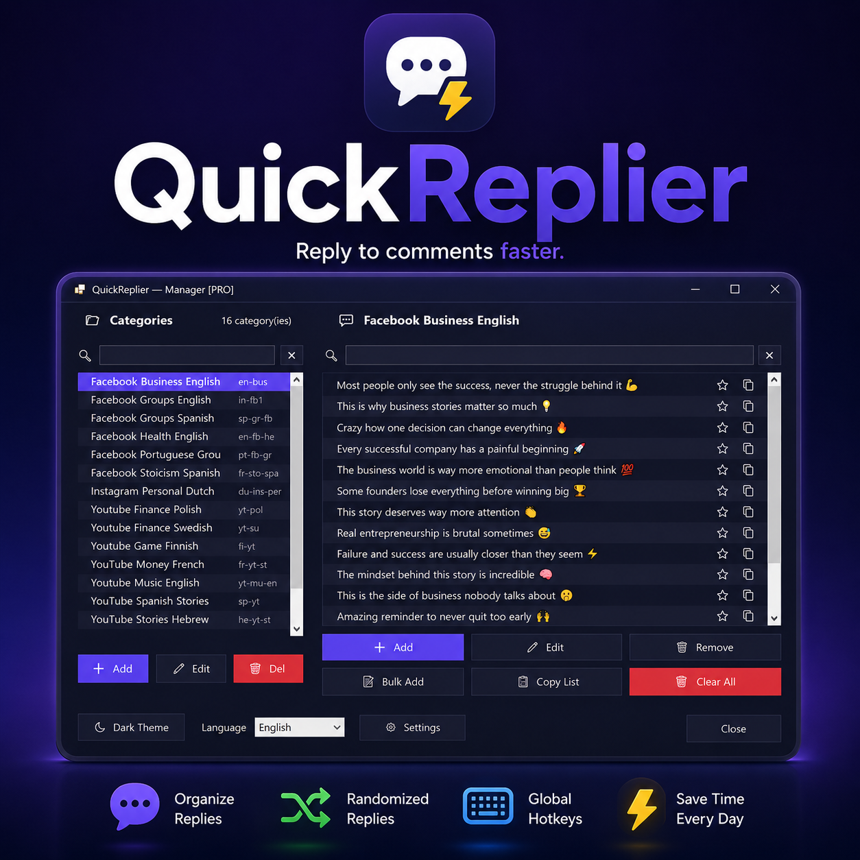 QuickReplier manager window with light and dark theme toggle, language selector and settings