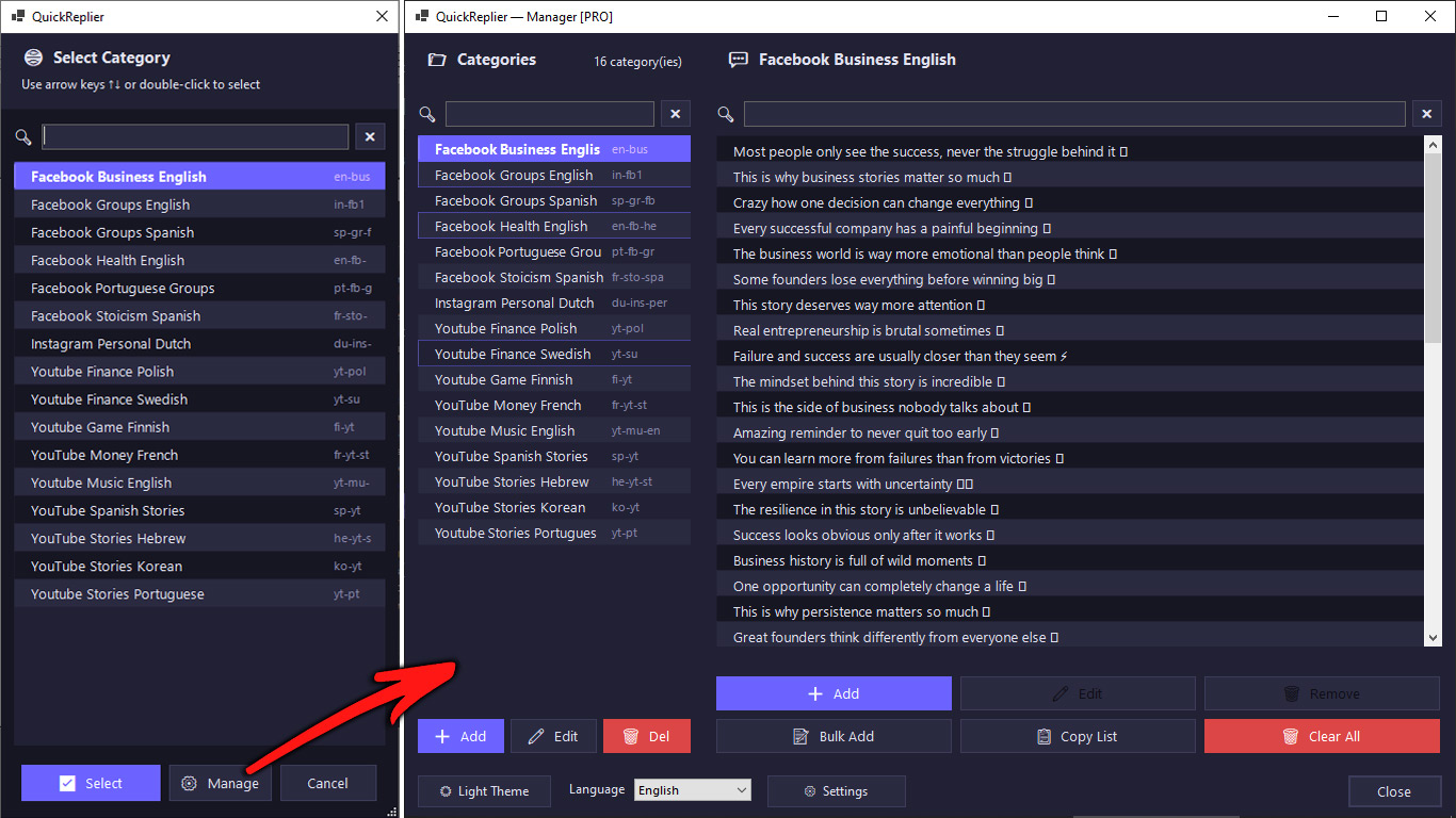 QuickReplier app window showing the category list and saved replies for Facebook Business English